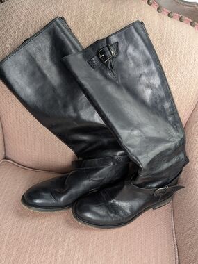 Italian Made Black Leather Tall Riding Boots Back Zip Buckle Strap 37 / 6.5